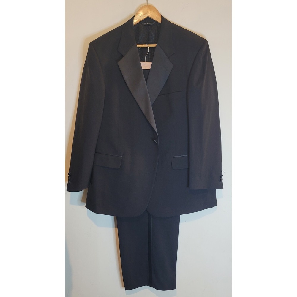 Vtg Bill Blass Black Tuxedo Mens 44S Single Button Wool 2 PC Formal‎ Suit 42x27*